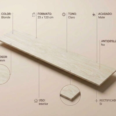 Un suelo porcelanico imitación madera Kael Blonde 23x120 cm con