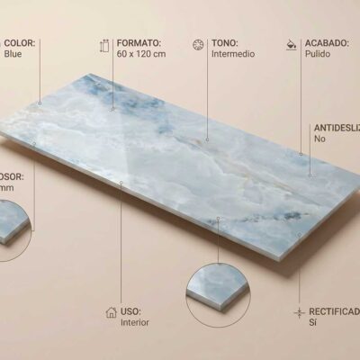 Azulejo de gres porcelánico Scarlet Blue 60x120 cm pulido con vetas azules y blancas.