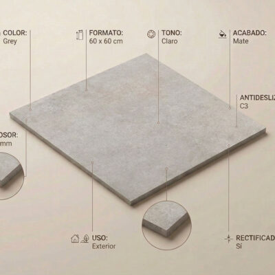 Un suelo porcelánico gris cemento de 60x60 cm con acabado mate y antideslizante C3.