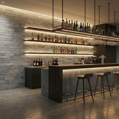 Pared de bar con azulejo porcelánico imitación piedra country perla