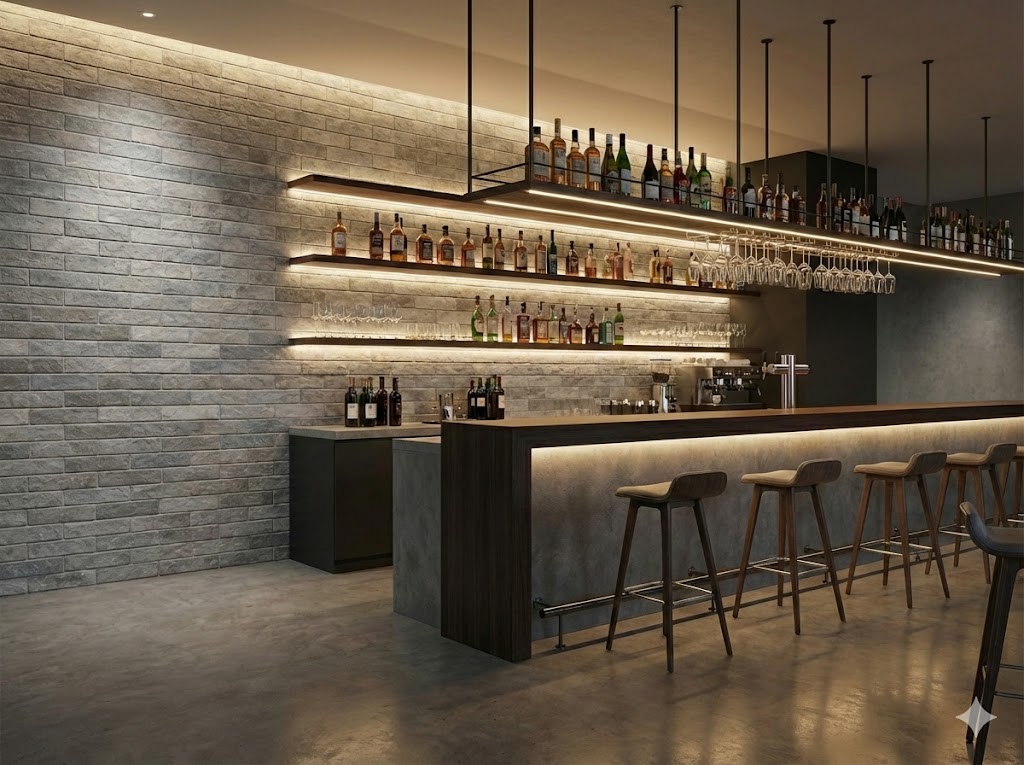 Pared de bar con azulejo porcelánico imitación piedra country perla