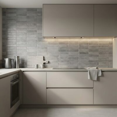 Cocina moderna con pared de azulejos porcelánicos imitación ladr