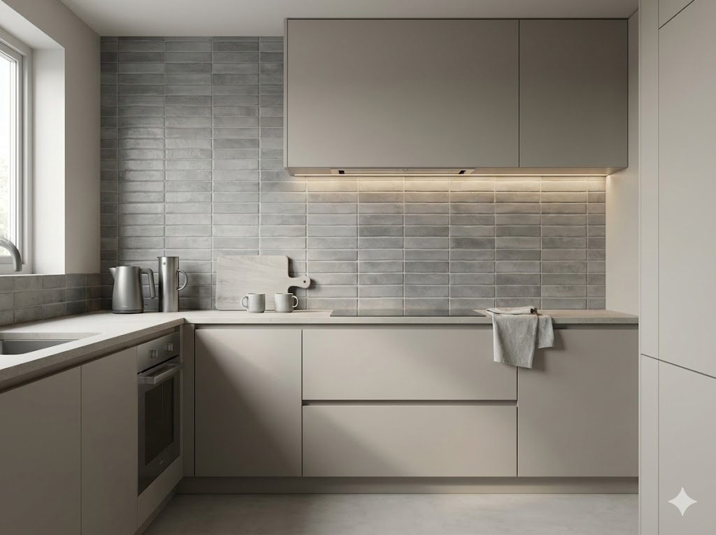 Cocina moderna con pared de azulejos porcelánicos imitación ladr