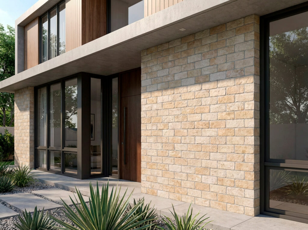 Fachada de casa moderna con pared efecto piedra natural beige porcelánico.