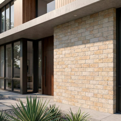 Fachada de casa moderna con pared efecto piedra natural beige porcelánico.