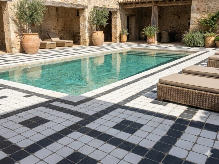 Piscina exterior con suelo porcelánico de diseño ajedrezado blanco y negro, rodeada de tumbonas.