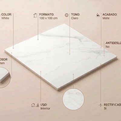 Un azulejo porcelánico Lumiere White de 100x100 cm con acabado mate y bordes rectificados.