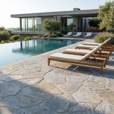 Piscina exterior con suelo porcelánico Montesa Gris efecto piedra. Varias tumbonas de madera.