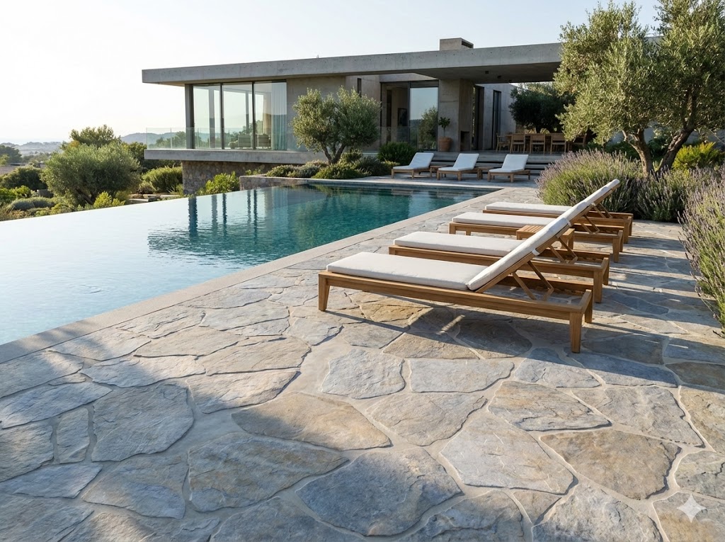 Piscina exterior con suelo porcelánico Montesa Gris efecto piedra. Varias tumbonas de madera.