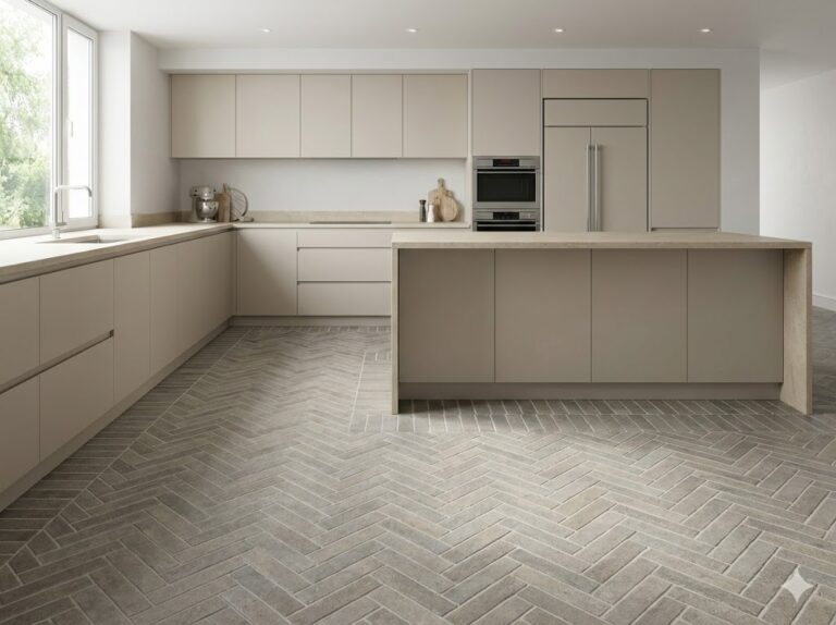 Suelo de porcelánico mt tosca taupe en espiga en cocina moderna con muebles beige.