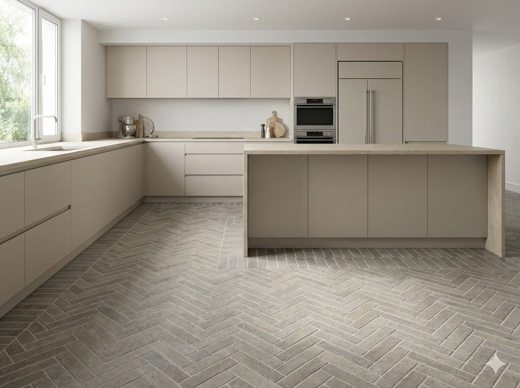 Suelo de porcelánico mt tosca taupe en espiga en cocina moderna con muebles beige.