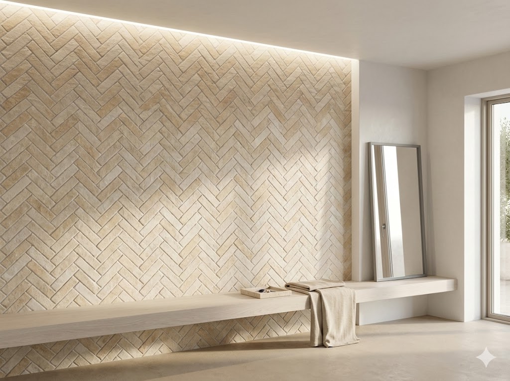 Interior con suelo porcelánico imitación madera y baldosas de pared en estilo herrerón.