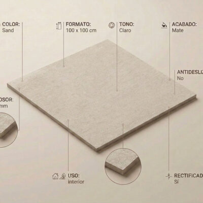 Un azulejo de suelo porcelánico Dama Sand 100x100 cm con acabado mate y sus especificaciones.