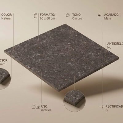 Suelo porcelánico Verity Natural 60x60 cm con efecto piedra oscuro y acabado mate.