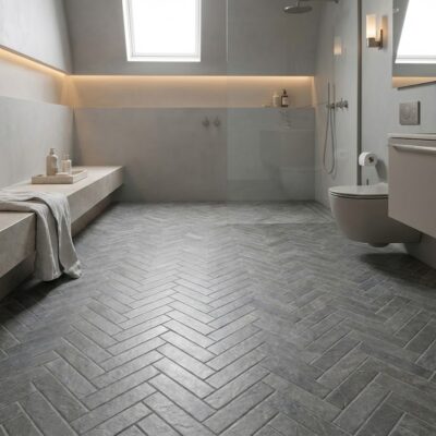 Suelo porcelánico gris con patrón espiga en un baño moderno y luminoso.