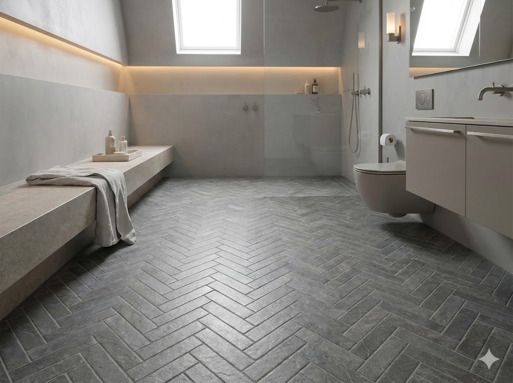 Suelo porcelánico gris con patrón espiga en un baño moderno y luminoso.