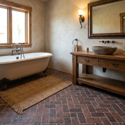 Baño rústico con suelo de baldosas efecto piedra rodeno en patrón espiga.
