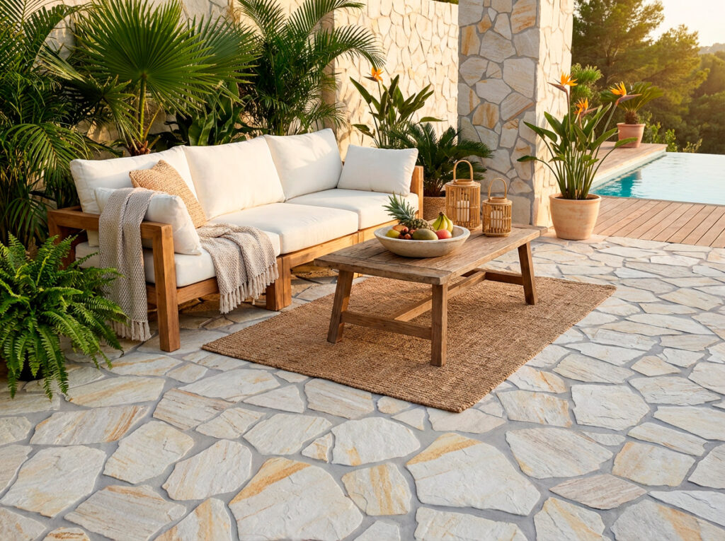 Se observa una terraza con estilo tropical, suelo de piedra de tono beige claro, formato irregular y acabado mate, con juntas gris claro.