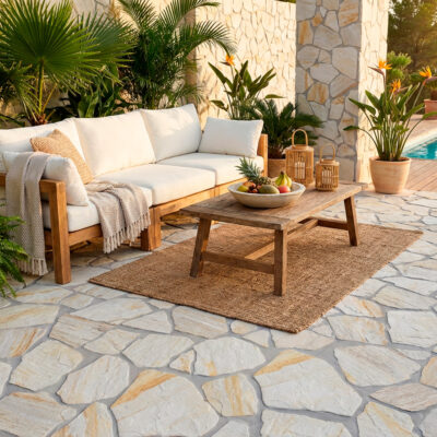Se observa una terraza con estilo tropical, suelo de piedra de tono beige claro, formato irregular y acabado mate, con juntas gris claro.
