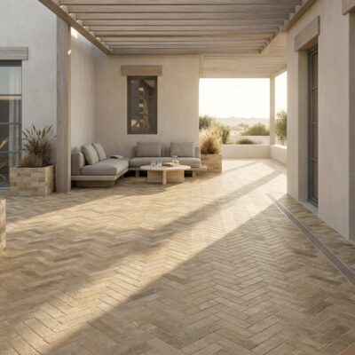 Terraza exterior con suelo tosca beige en espiga. Incluye zona de estar y pérgola.