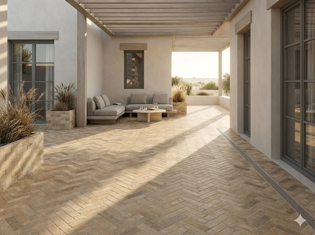 Terraza exterior con suelo tosca beige en espiga. Incluye zona de estar y pérgola.
