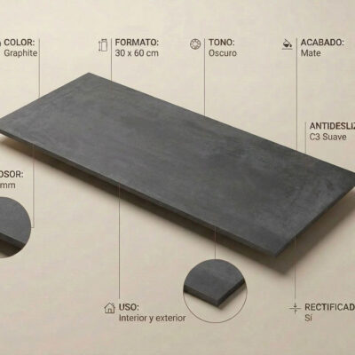 Un suelo porcelánico gris oscuro de 30x60 cm con efecto cemento y acabado mate.