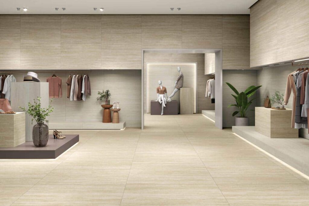 Interior de una tienda de moda con suelo porcelánico en acabado beige, iluminación moderna y decoración minimalista.
