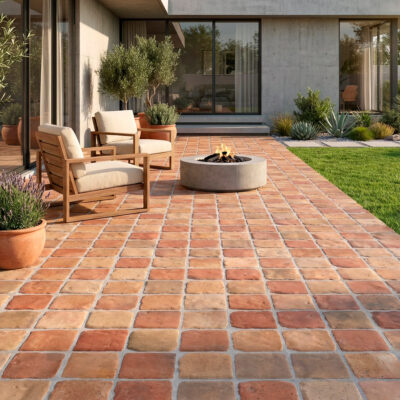 Patio exterior con suelos porcelánicos rústicos Benisa Cotto. Se ven muebles de madera y una fogata.