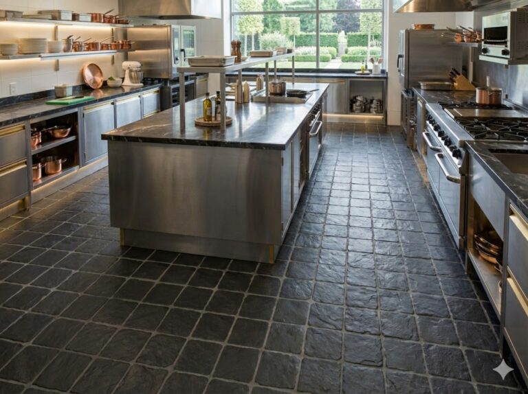 Amplia cocina profesional con suelo porcelánico antideslizante antracita y mobiliario.