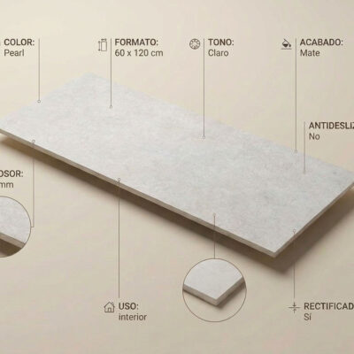 Azulejo porcelánico Feroe Pearl de 60x120 cm con acabado mate y tono claro.