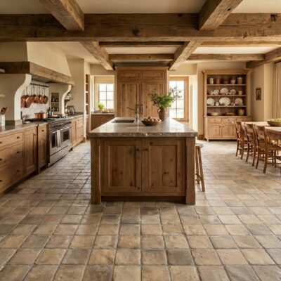 Suelo porcelánico color teja en cocina rústica con isla central y muebles de madera.