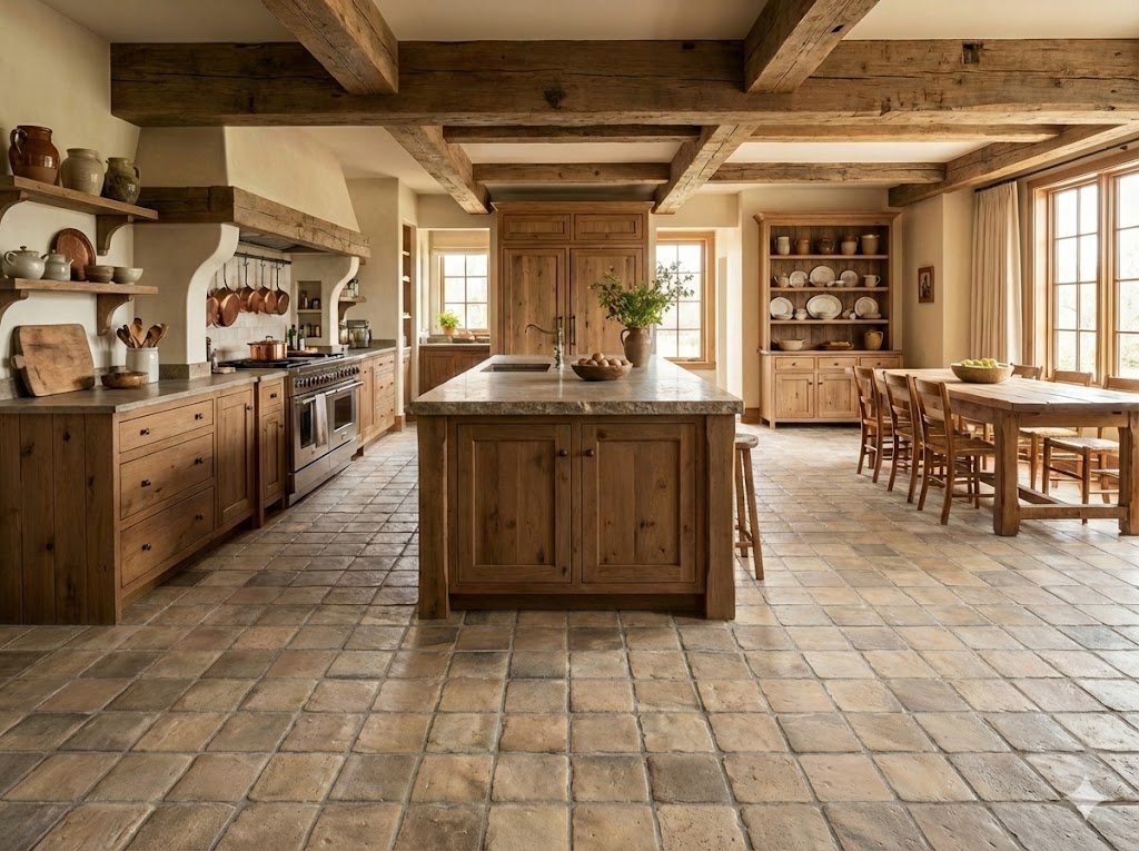 Suelo porcelánico color teja en cocina rústica con isla central y muebles de madera.