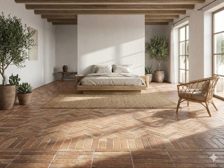 Dormitorio con suelo porcelánico imitación barro tosca teja en espiga