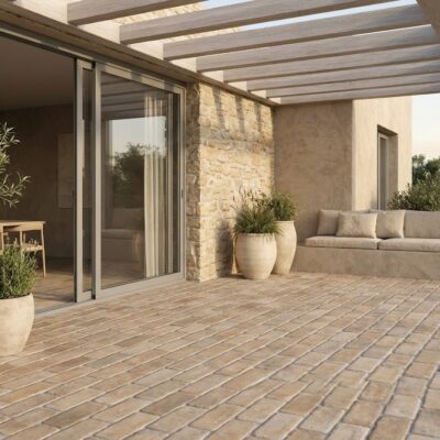 El suelo porcelánico Benissa de tonos teja cubre una terraza exterior con paredes de piedra.