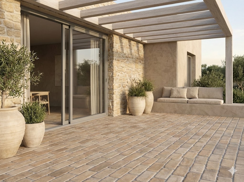 El suelo porcelánico Benissa de tonos teja cubre una terraza exterior con paredes de piedra.