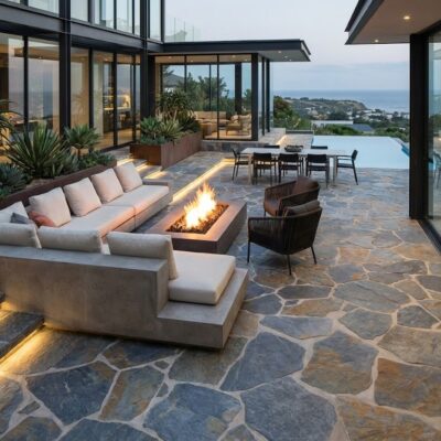 Gran patio exterior con suelo de porcelánico pizarra de aspecto natural y mobiliario moderno.