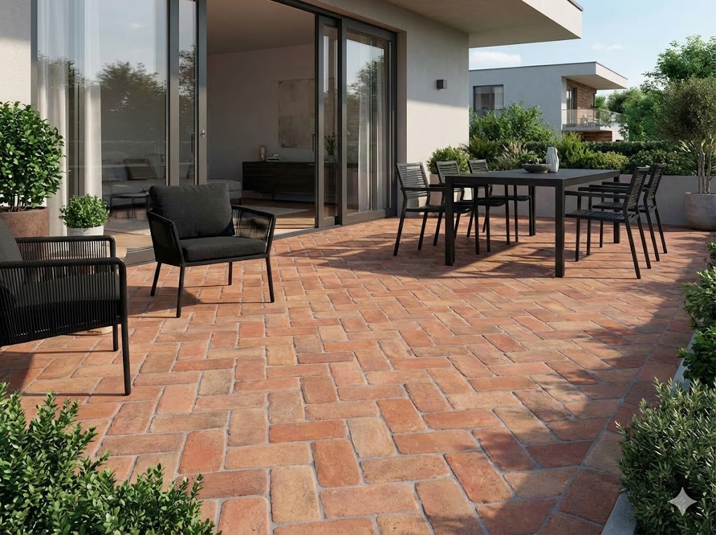 Patio exterior con suelo porcelánico imitación barro Benisa Cotto.