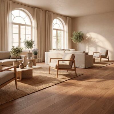 Salón luminoso con suelo porcelánico nogal imitación madera, sofás claros y plantas.