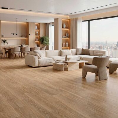 Suelo porcelánico imitación madera roble en un salón moderno con sofá y vistas a la ciudad.