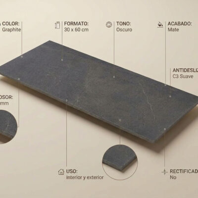 Placa rectangular de porcelánico imitación piedra en color graphite oscuro con acabado mate, formato 30×60 cm, superficie con textura natural y grosor de 8,7 mm, apta para interior y exterior.