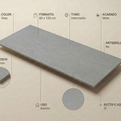 Un suelo porcelanico gris Dama Grey de 60x120 cm con acabado mate y textura de piedra.