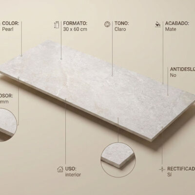 Pieza rectangular de gres porcelánico 30×60 cm con acabado mate y textura efecto piedra natural en tonalidad gris claro. Superficie rectificada con veteado sutil y finish antideslizante, ideal para suelos porcelánicos de interior.
