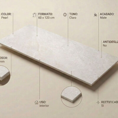 Azulejo porcelánico Nuances Pearl 60x120 cm mate con sutiles nuances de piedra.