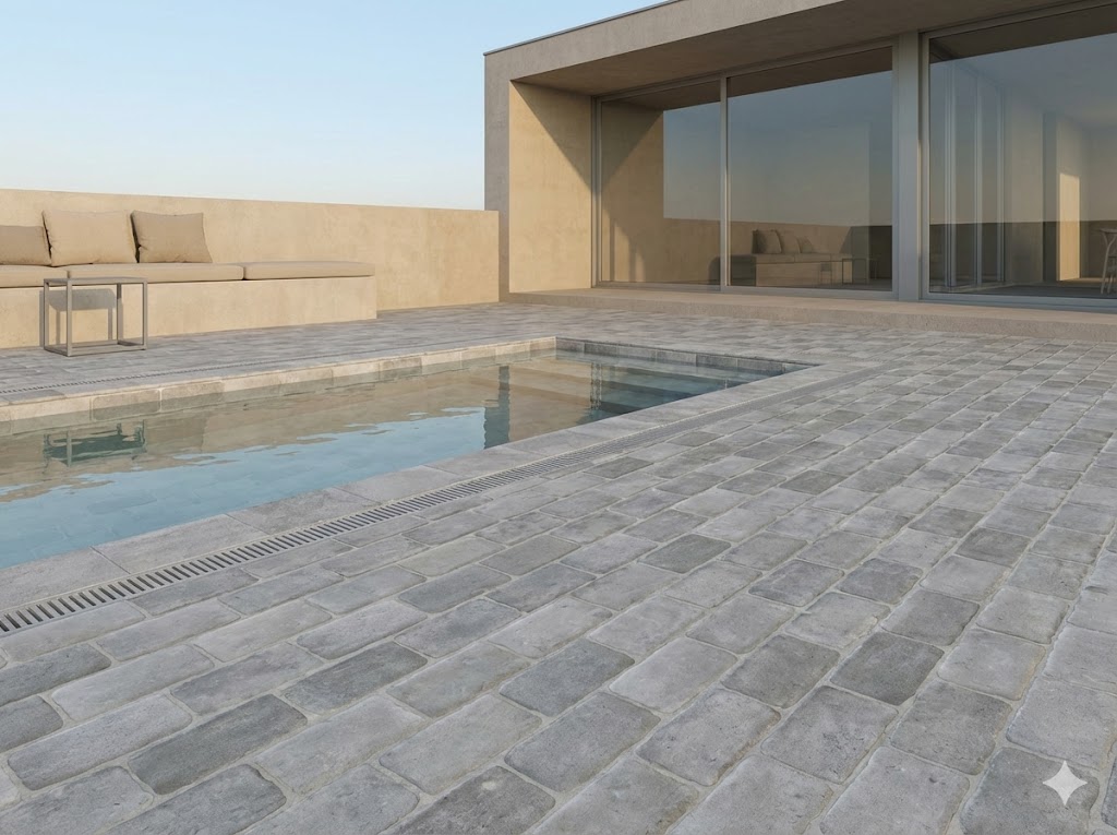 Piscina moderna revestida con suelo de porcelánico gris antideslizante efecto piedra.