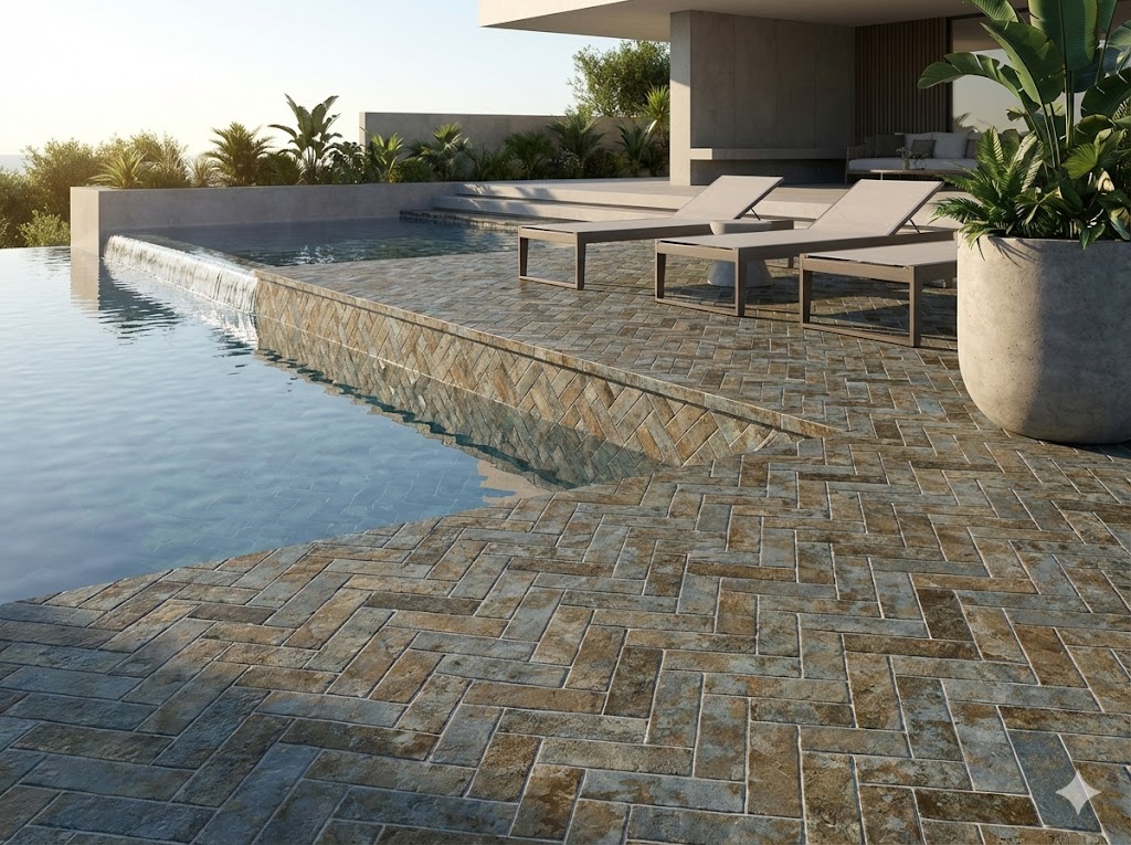 Suelo porcelánico en patrón espiga rodeando una piscina moderna con tumbonas.
