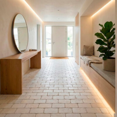 Pasillo con suelo porcelanico rústico tono hueso. Mesa de madera
