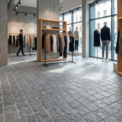 El suelo porcelánico rústico gris cubre una tienda de ropa con estantes de madera y maniquíes.