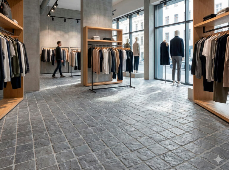 El suelo porcelánico rústico gris cubre una tienda de ropa con estantes de madera y maniquíes.