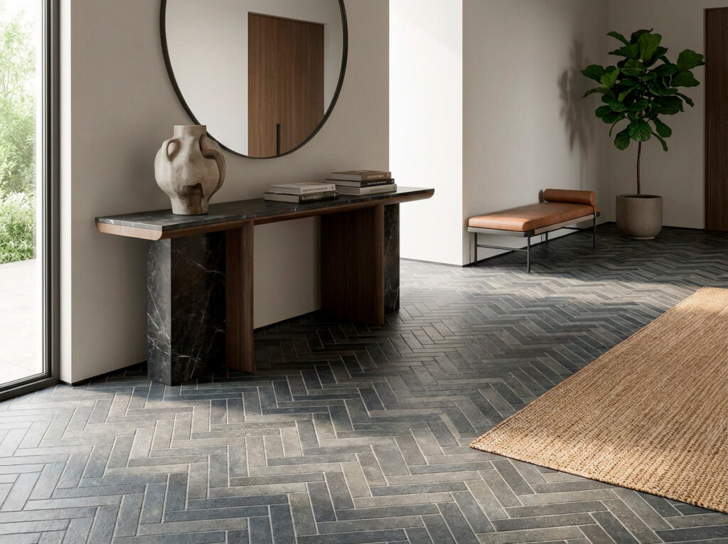 Una entrada minimalista con estilo industrial, suelo de piedra en espiga gris oscuro con acabado mate, ideal como suelo porcelánico efecto piedra.