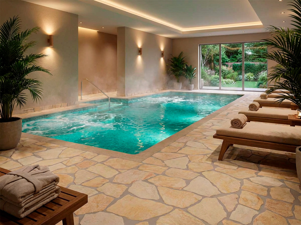 Se observa una piscina interior con estilo relajante, suelo de piedra natural de tono beige, formato irregular y acabado mate.